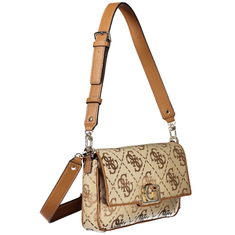 Guess Jeans Beige Polyester Women Handbag with patterned design and detachable shoulder strap.