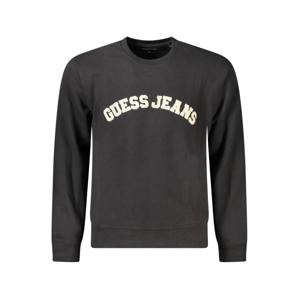 Guess Jeans Black Cotton Men Sweater with logo, sleek slim fit, and brushed texture, perfect for stylish, bold statements in fashion-forward clothing.