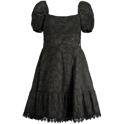 Guess Jeans Black Cotton Women Dress with embroidery, short sleeves, and boat neck.
