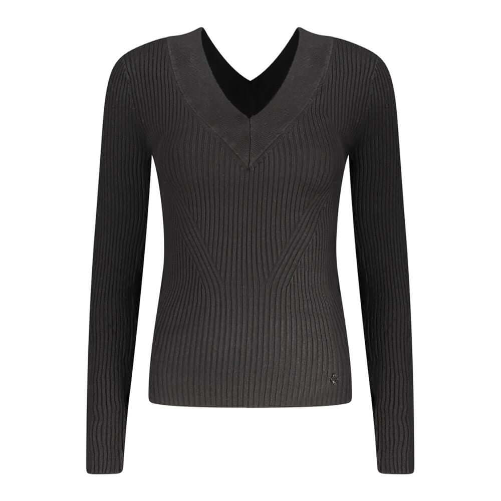Guess Jeans Black Viscose Sweater with long sleeves, V-neck, and contrasting logo details.