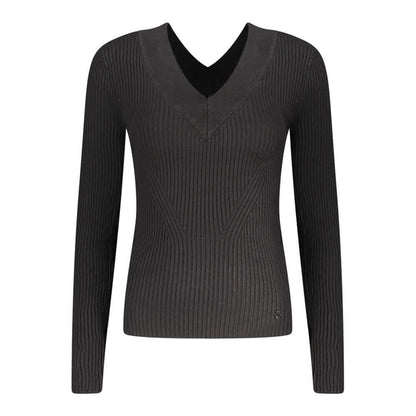 Guess Jeans Black Viscose Sweater with long sleeves, V-neck, and contrasting logo details.