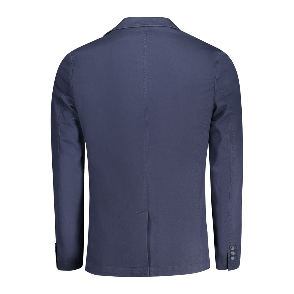 Back view of Guess Jeans Blue Cotton Men Jacket showcasing sleek design and button detailing.