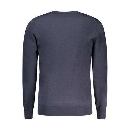 Guess Jeans Blue Viscose Sweater featuring long sleeves and crew neck with logo application, rear view.