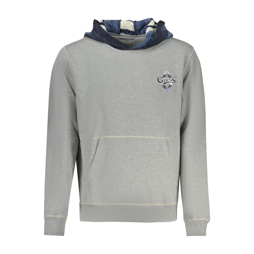 Guess Jeans Gray Cotton Men Sweater with hood and embroidery logo, featuring a central pocket and bold accents, ideal for casual wear.
