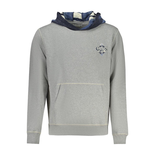 Guess Jeans Gray Cotton Men Sweater with hood and embroidery logo, featuring a central pocket and bold accents, ideal for casual wear.