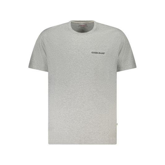 Guess Jeans Gray Cotton Men T-Shirt, short-sleeved, crew neck, with iconic logo and front print, ideal for contemporary style.