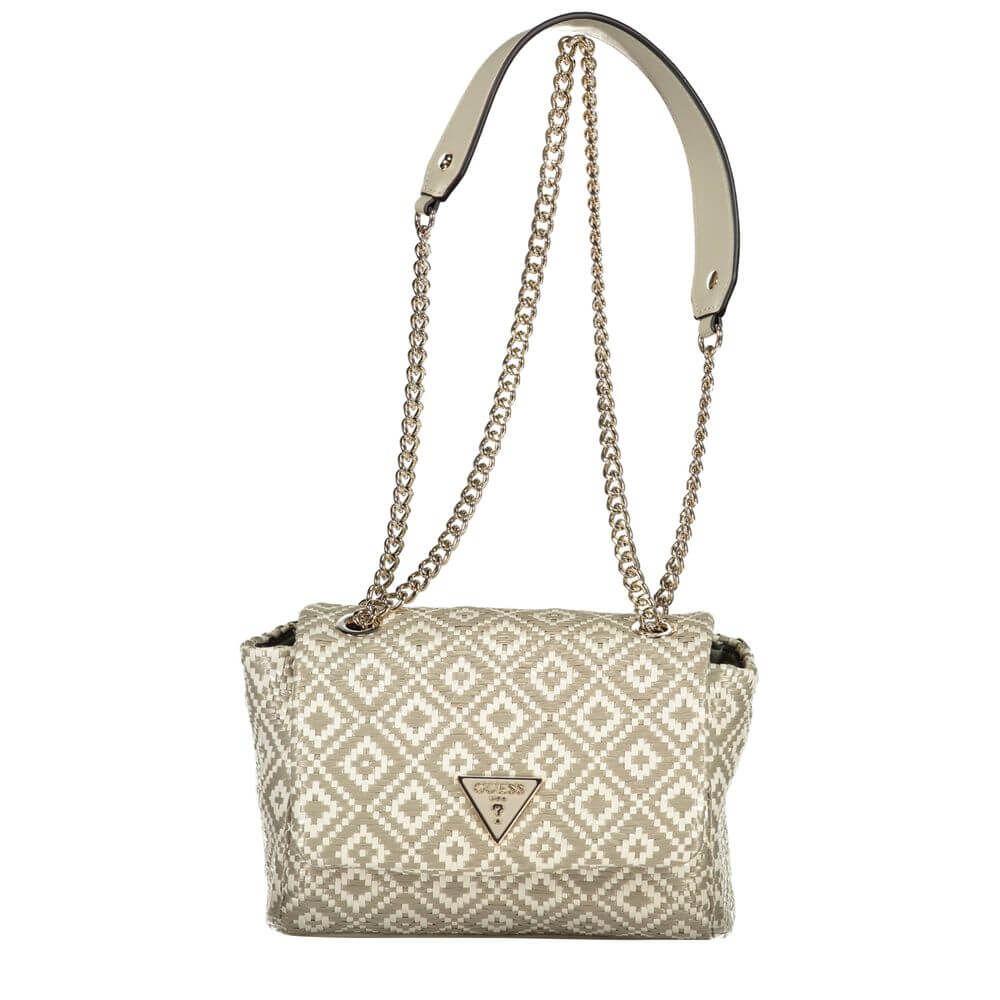 Guess Jeans Gray Polyethylene Handbag with chain shoulder strap, internal pocket, card slots, and snap closure.