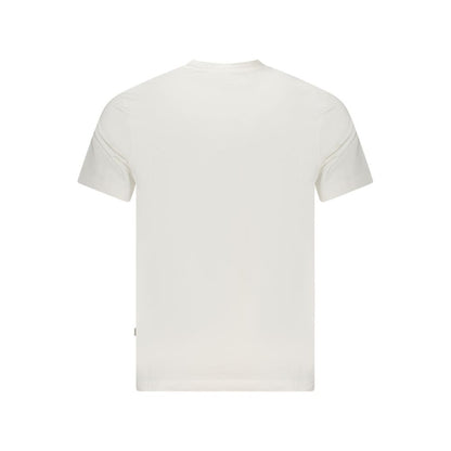 Back view of Guess Jeans White Cotton T-Shirt featuring short sleeves, regular fit, crew neck, and logo print made from organic cotton.