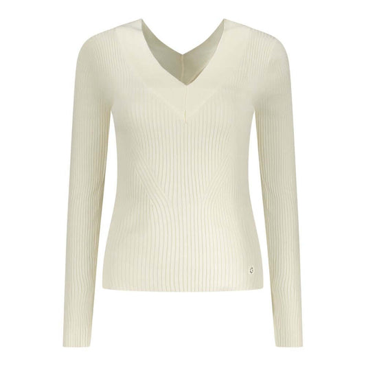 Guess Jeans White Viscose Sweater with V-neck and contrast details.