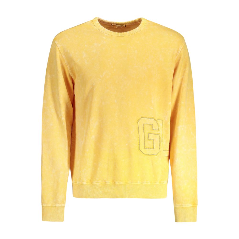 Guess Jeans Yellow Cotton Men Sweater with long sleeves, crew neck, and embroidered logo, showcasing laid-back luxury and edgy sophistication.