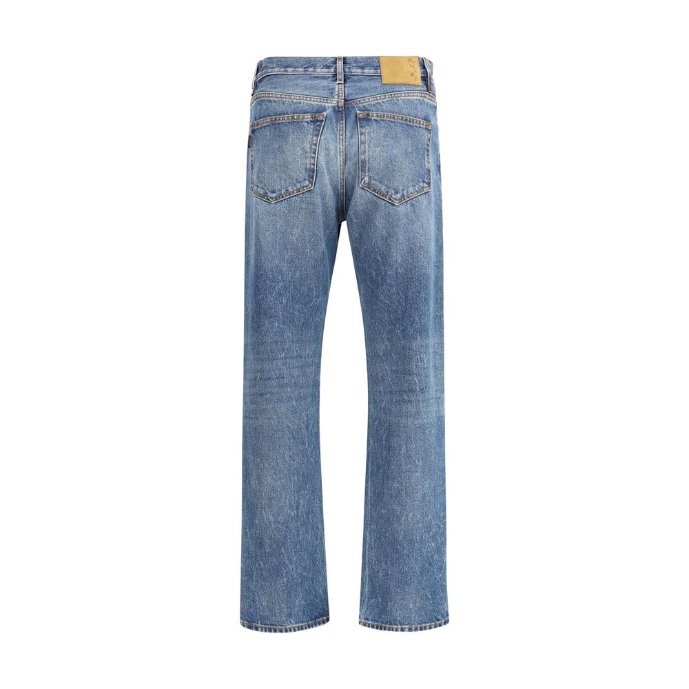 Haikure Blue Cotton Straight-Leg Jeans back view, featuring iconic leather patch and vintage effect. Regular fit five-pocket design for AW25.