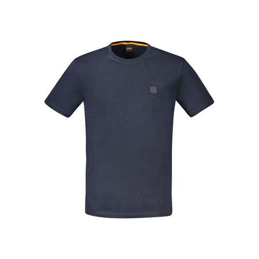 Hugo Boss Blue Cotton Men T-Shirt, short sleeve crew neck, embroidered logo, luxury casual wear.