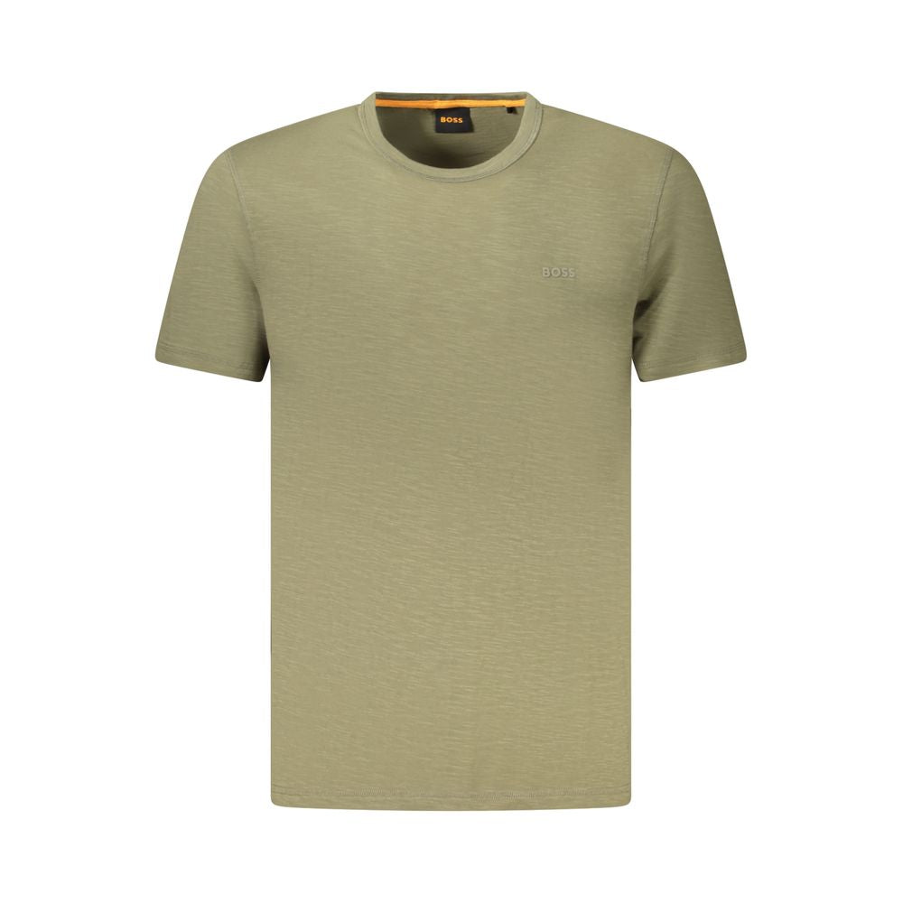 Hugo Boss Green Cotton Men T-Shirt with short sleeves, crew neck, and iconic logo for contemporary fashion.