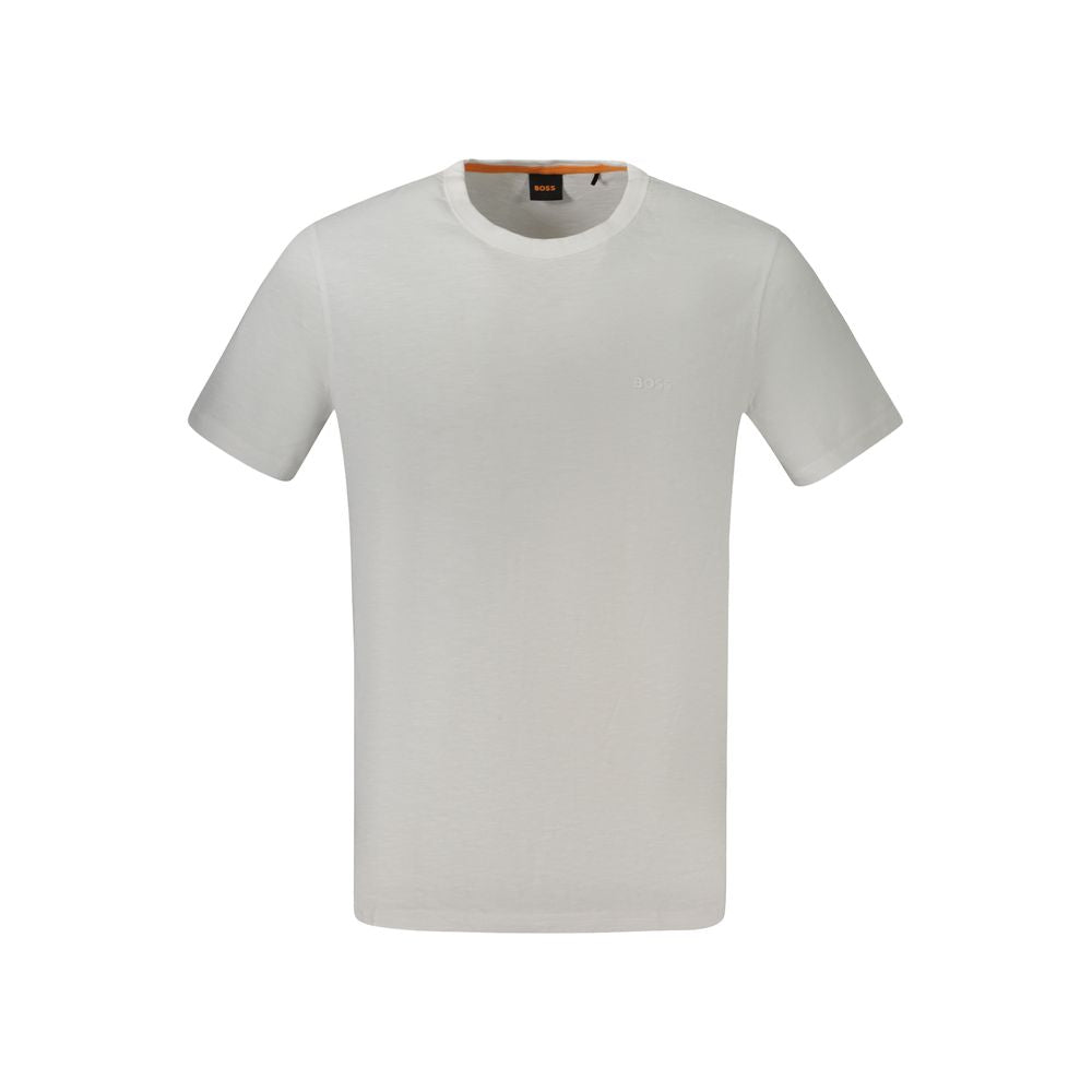 Hugo Boss White Cotton T-Shirt with short sleeves, crew neck, and logo print.