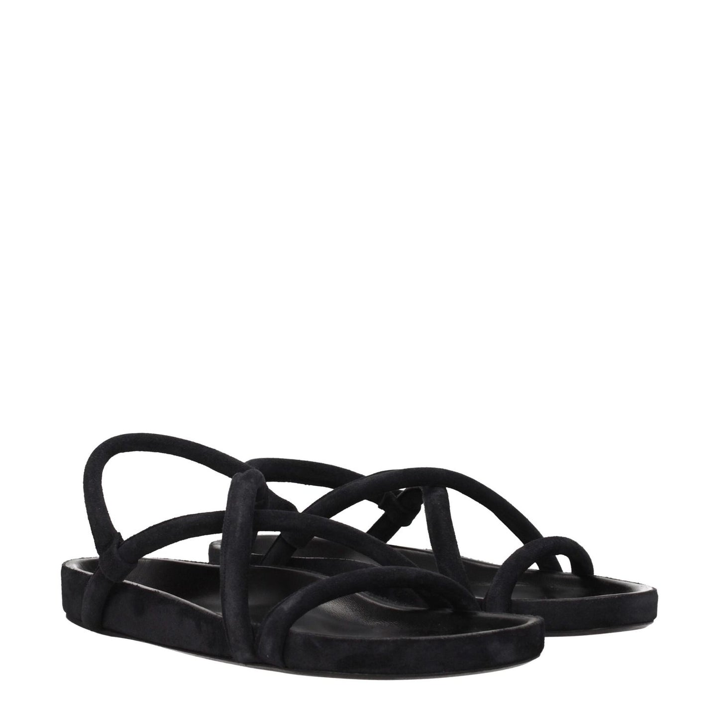 Isabel Marant Black Leather Flat Sandals with open toe and low flat heel, featuring a vintage suede design, perfect for casual wear.