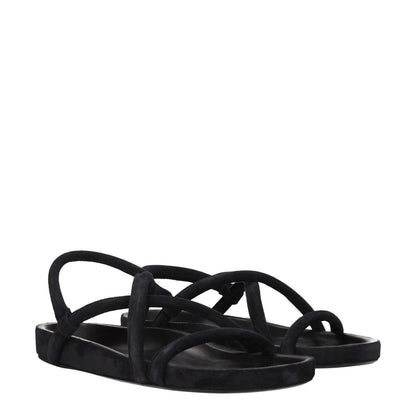 Isabel Marant Black Leather Flat Sandals with open toe and low flat heel, featuring a vintage suede design, perfect for casual wear.