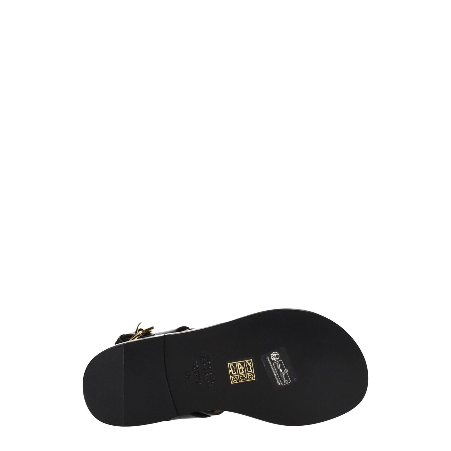Isabel Marant Black Leather Flip-Flop Sandals with gold studs, open toe, buckle closure, low heel, and leather sole, bottom view.