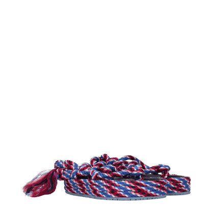 Isabel Marant Blue Fabric Flat Sandals with self-tie closure, open toe, mid heels, rubber sole, and pink accents.