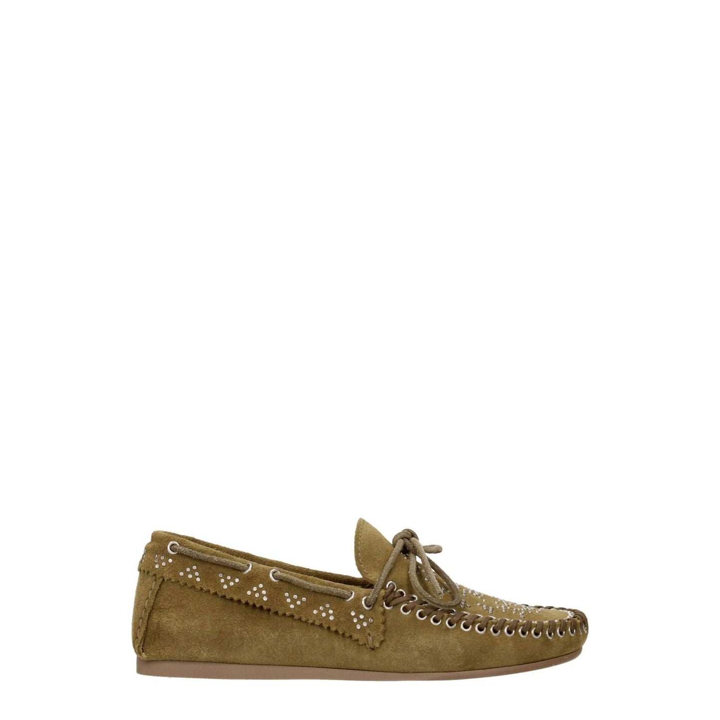 Isabel Marant Green Leather Slip-On Loafers with suede finish, studded front detail, vintage effect. Casual style with rubber sole.