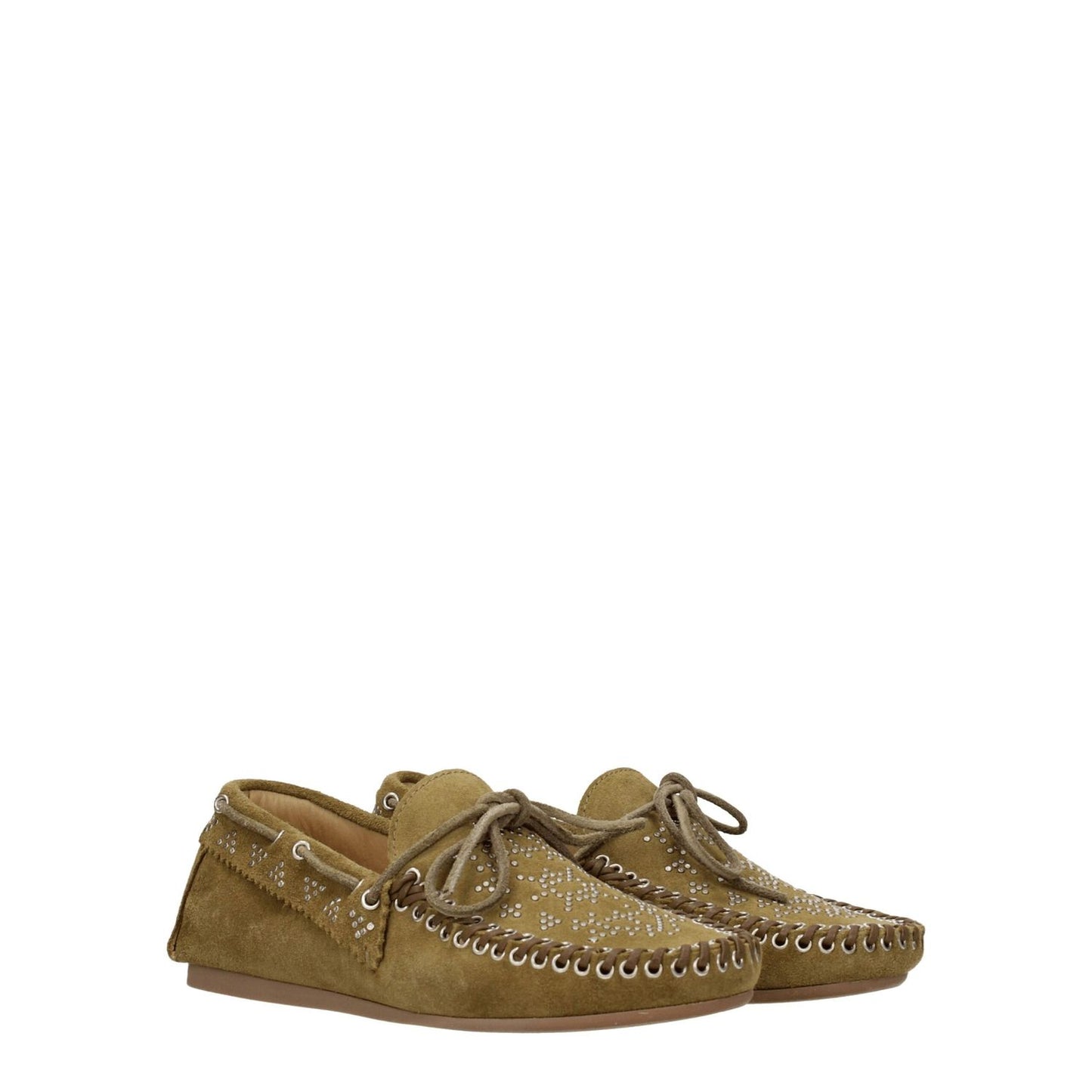 Isabel Marant Green Leather Slip-On Loafers with studs, vintage effect, round toe, and low flat heel in suede green.
