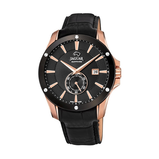 Luxury JAGUAR WATCHES Mod. J882/1 with black leather strap and rose gold accents for elegant style and precision.