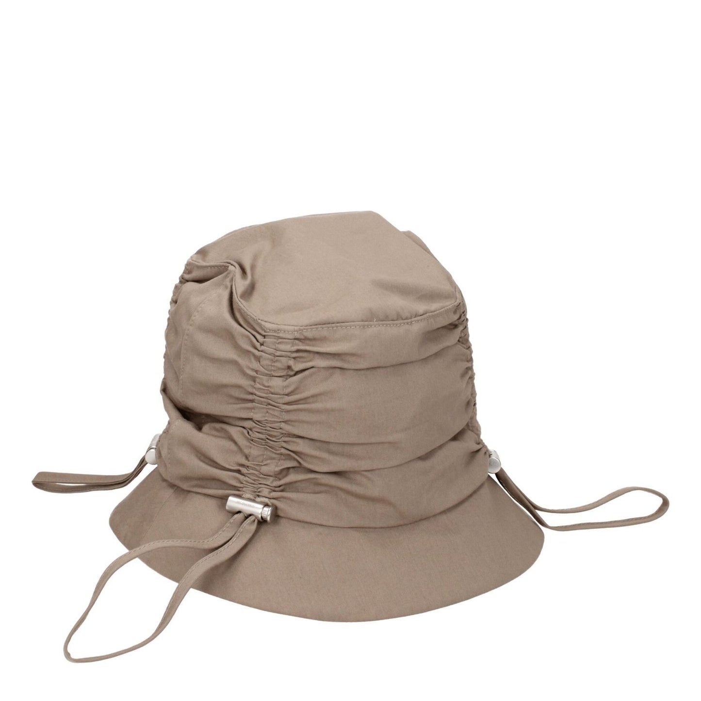 Jacquemus Beige Cotton Bucket Hat with front logo, casual style. Made of 75% cotton and 25% polyamide. Item code F76828. Color: Dark Beige.