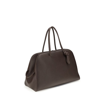 Jacquemus Brown Calf Leather Bos Taurus Handbag with structured design, bow detail, and functional pockets.