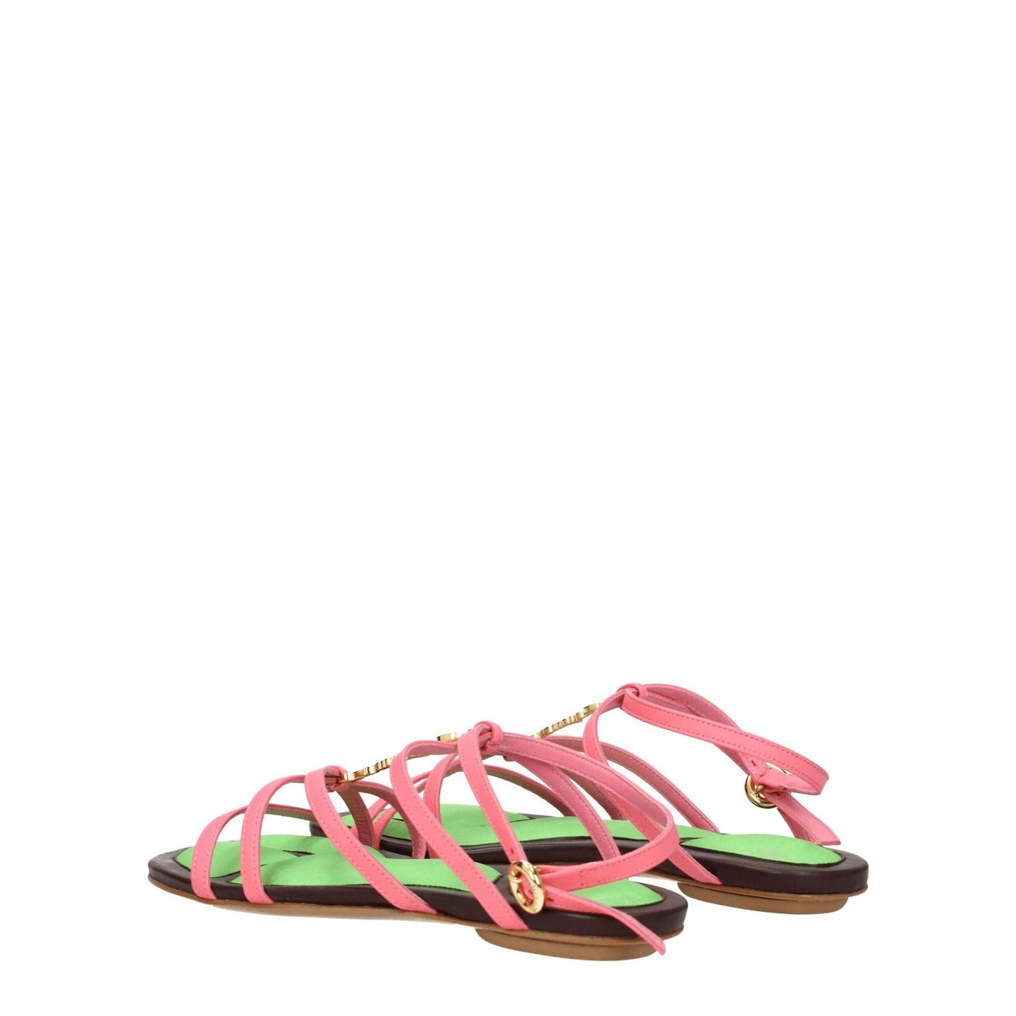 Jacquemus Pink Leather Flat Sandals with buckle closure and logo detail, featuring open toe and low heel, made of leather.