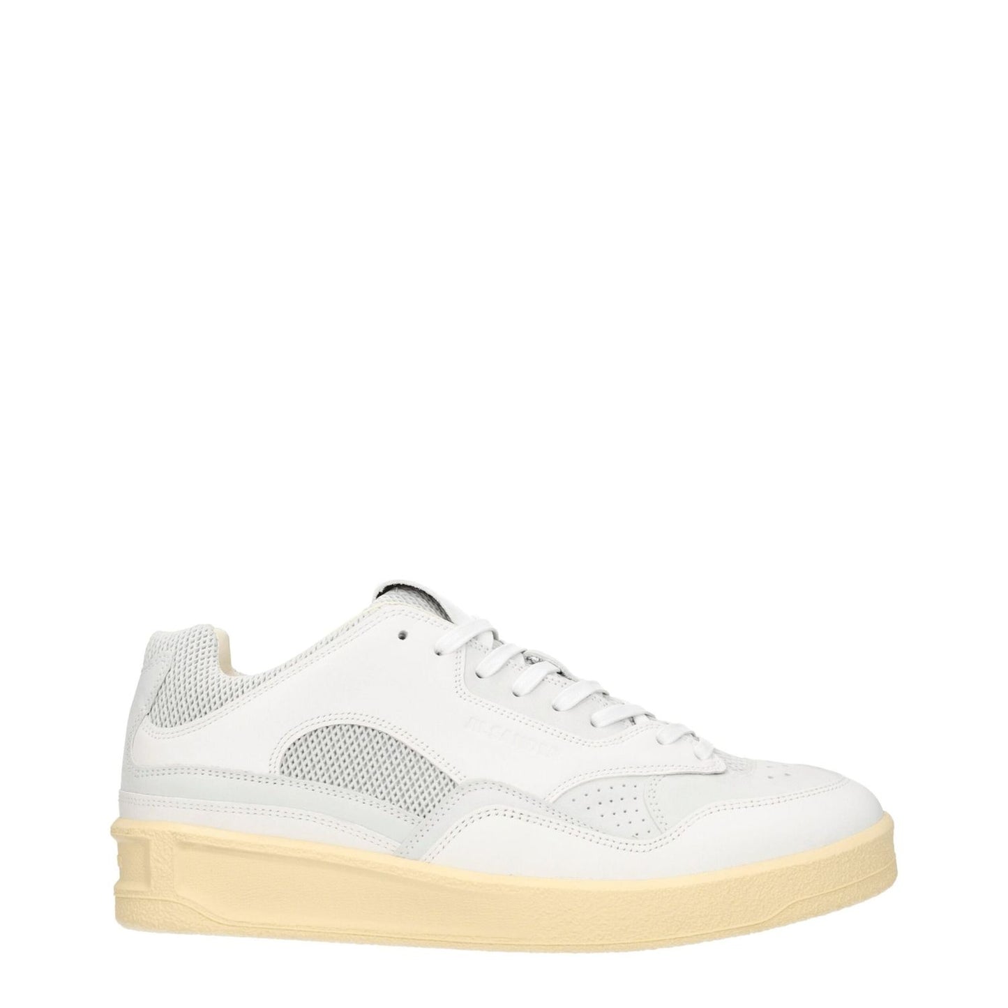 Jil Sander White Leather Low Top Sneakers with back logo and lace-up closure, featuring a light grey detail and round toe.