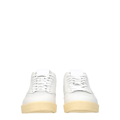 Jil Sander White Leather Low Top Sneakers with lace-up closure and light grey accents, featuring a sporty glam design.
