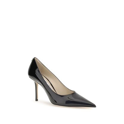 Jimmy Choo Black Calf Leather Bos Taurus High Heel Pumps with almond toe and stiletto heel, featuring a sleek and elegant design.