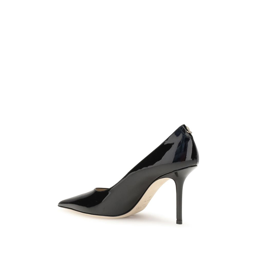 Jimmy Choo Black Calf Leather Bos Taurus High Heel Pumps with almond toe and stiletto heel, showcasing timeless elegance.