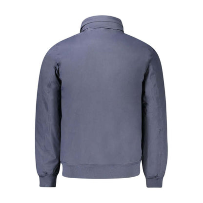 Back view of K-WAY Blue Polyamide Men Jacket with padded design and classic style, featuring removable hood and logo.
