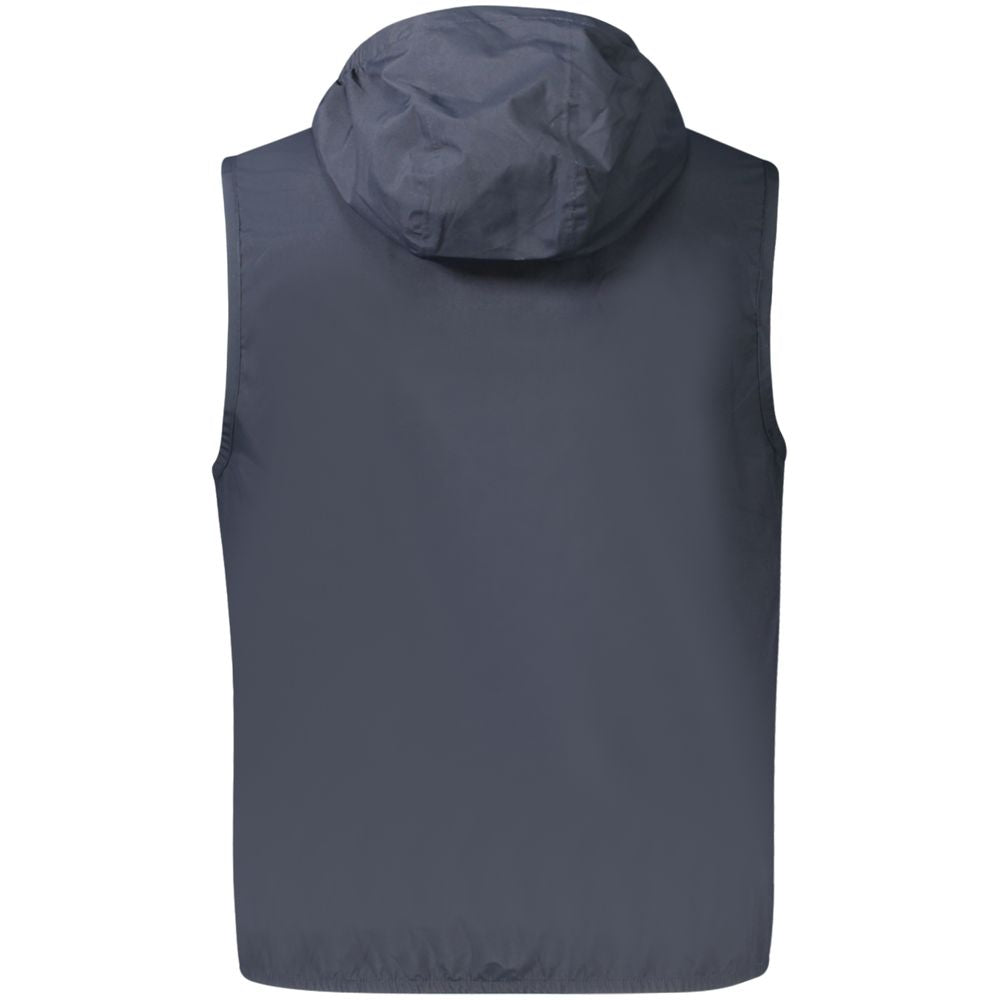 Back view of K-WAY Blue Polyester Men Sleeveless Jacket with removable hood