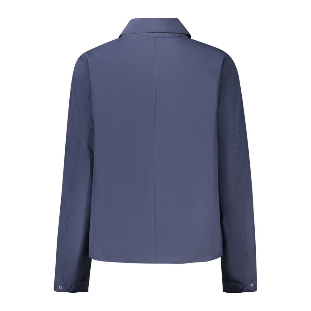Back view of K-WAY Blue Polyester Women Jacket with long sleeves and button detail.