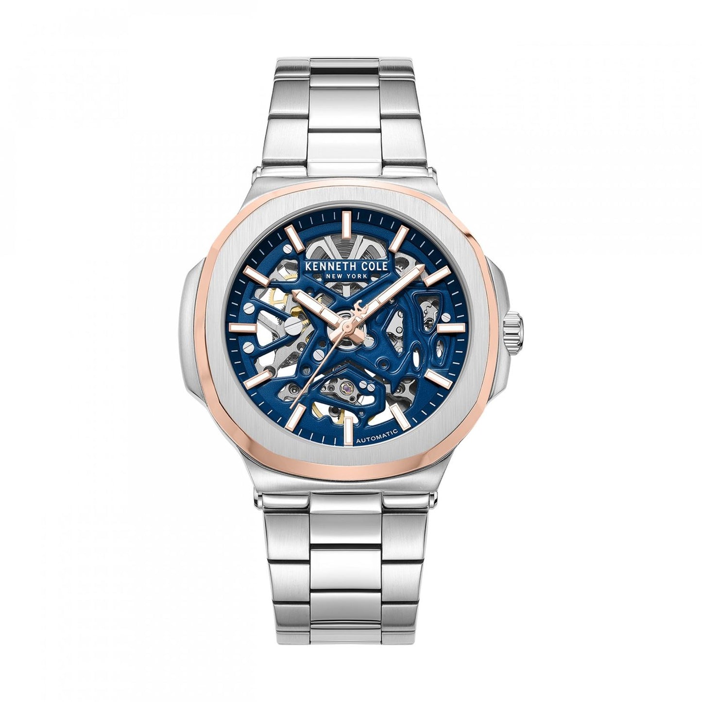 KENNETH COLE WATCHES Mod. KCWGY0080501 featuring a silver and blue skeleton dial with rose gold accents and stainless steel bracelet.