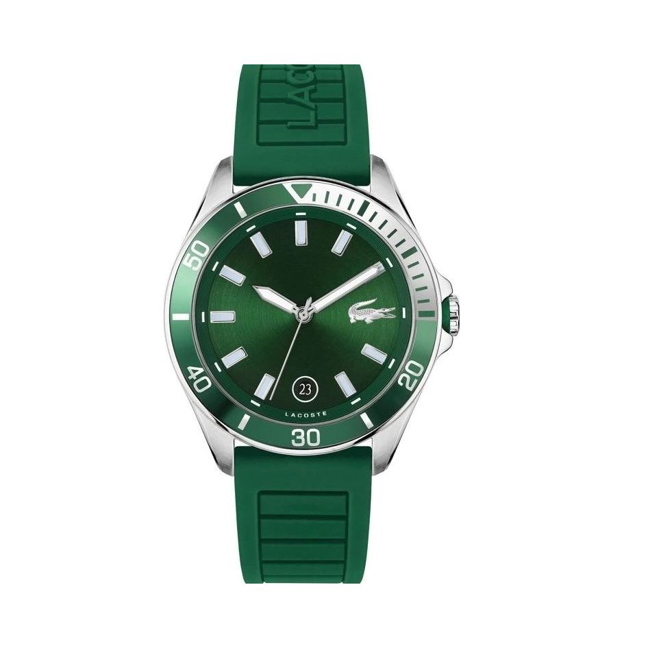 LACOSTE Mod. 2011263 quartz analog gent watch with green dial, 43mm case, 5 ATM water resistance, and official box packaging.