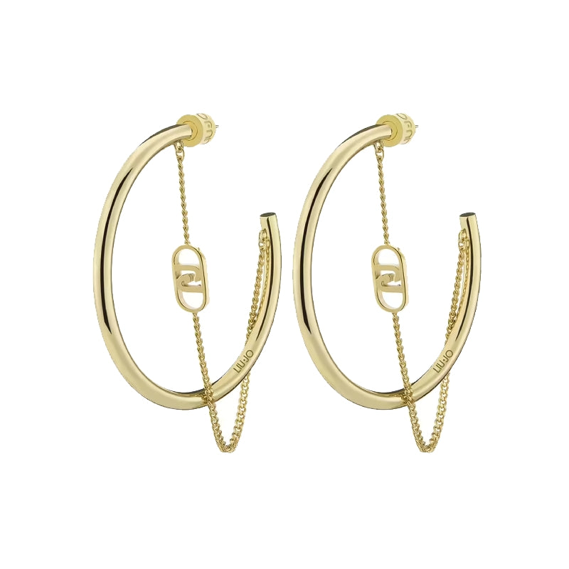 Gold earrings from LIU-JO Mod. LJ2774 collection featuring chain detail and logo charm, part of new Liu-Jo Jewels Collection.