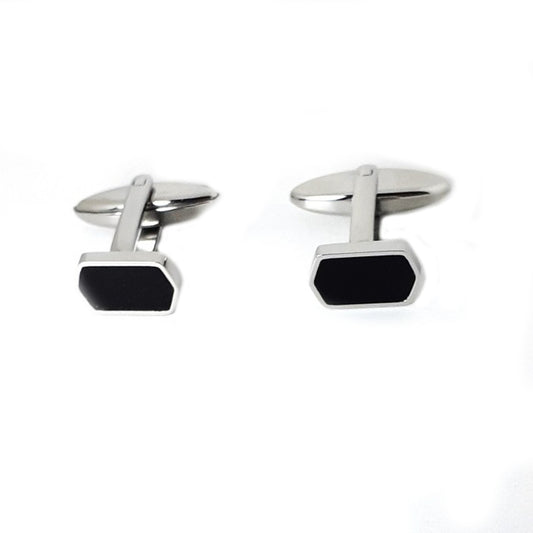 Silver and black cufflinks for men, showcasing a sleek design with rectangular centers. Ideal accessory for formal attire.