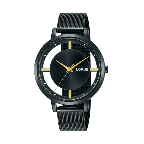 LORUS WATCHES Mod. RG205QX9 displaying a sleek black and gold design with mesh band, ideal for modern style enthusiasts.