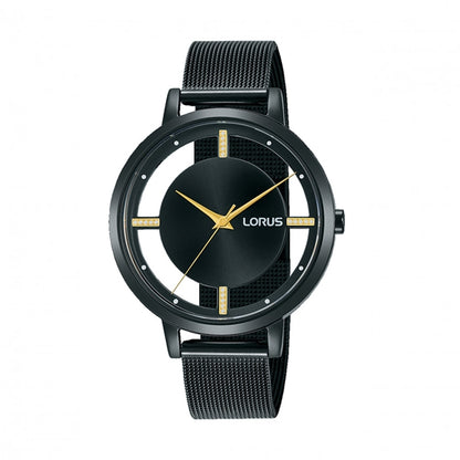 LORUS WATCHES Mod. RG205QX9 displaying a sleek black and gold design with mesh band, ideal for modern style enthusiasts.