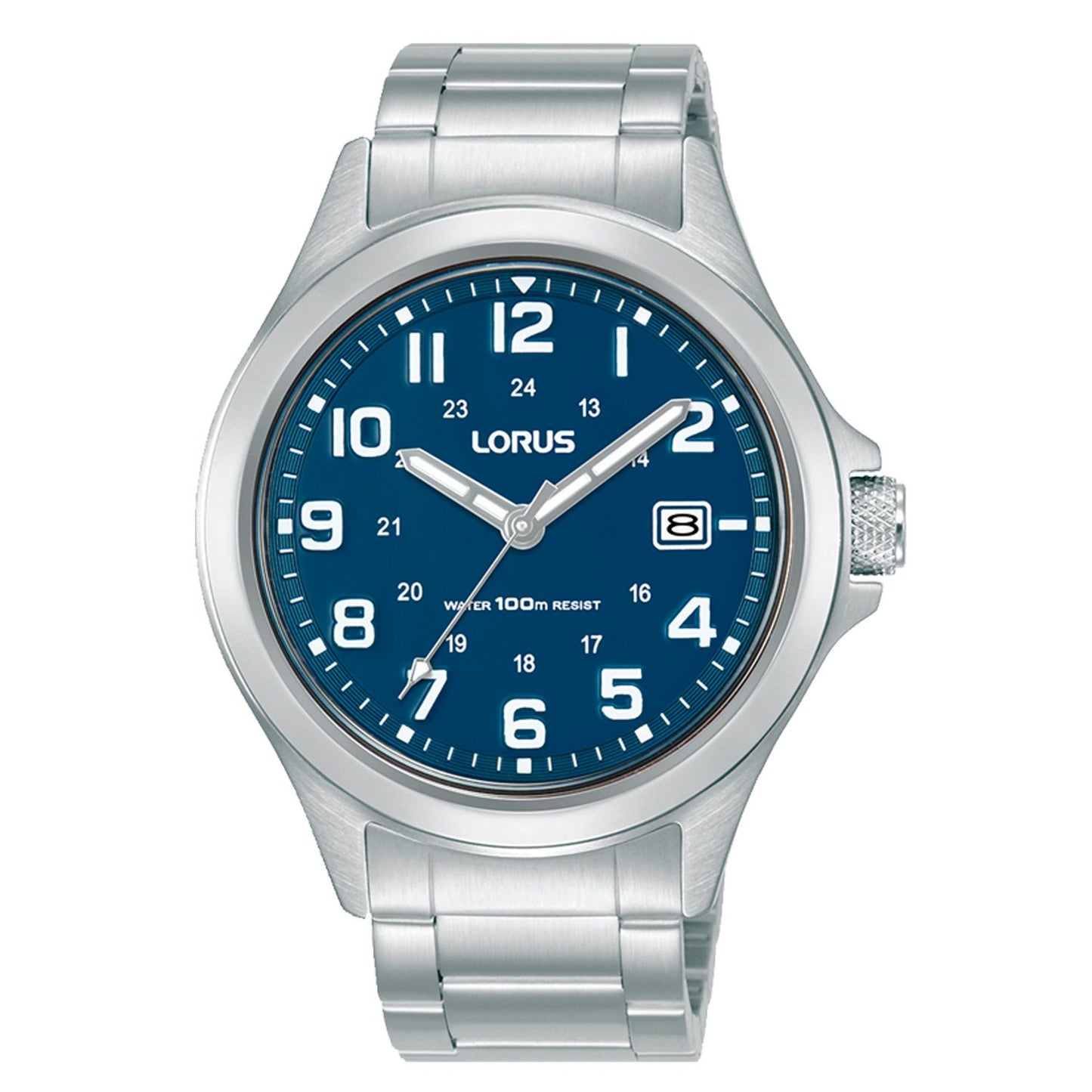 LORUS WATCHES Mod. RXH45KX9 with stainless steel band and blue dial featuring date display.