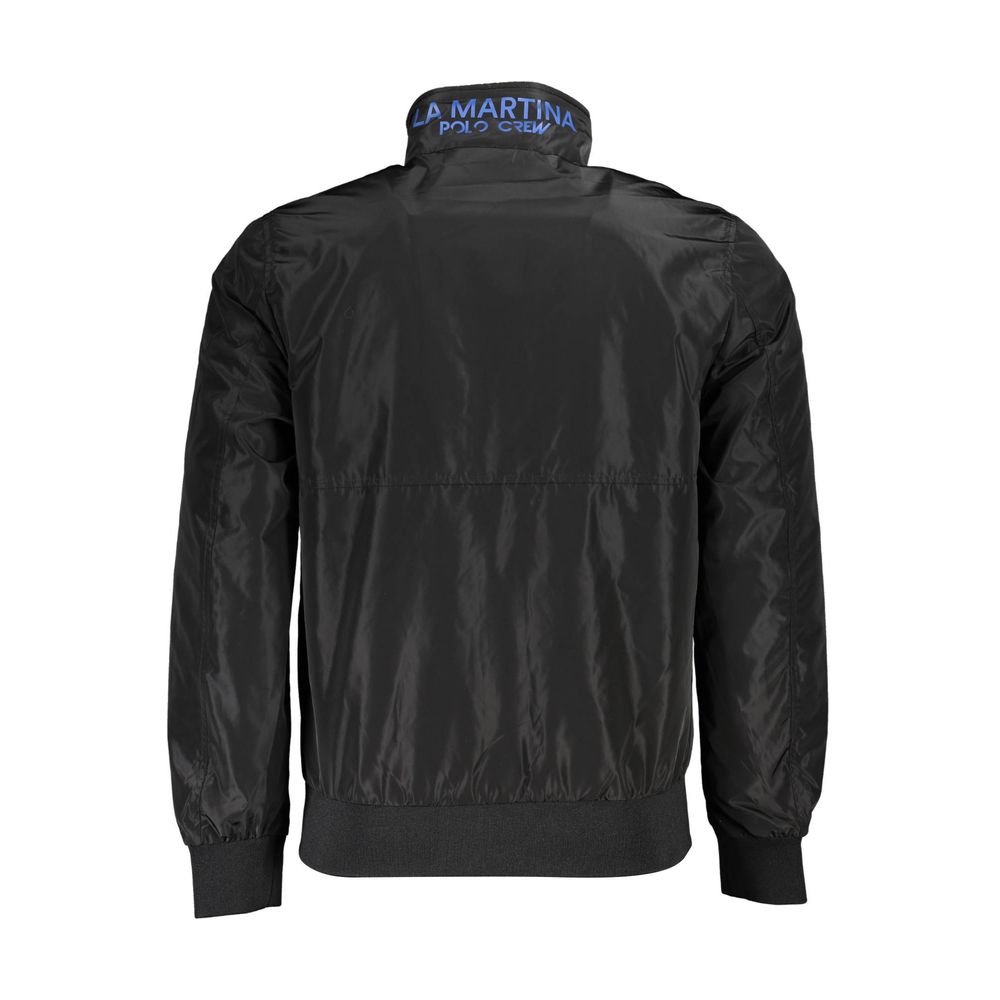 La Martina Black Polyester Men Jacket featuring logo embroidery on back view, perfect for seasonal transitions with practical pockets.