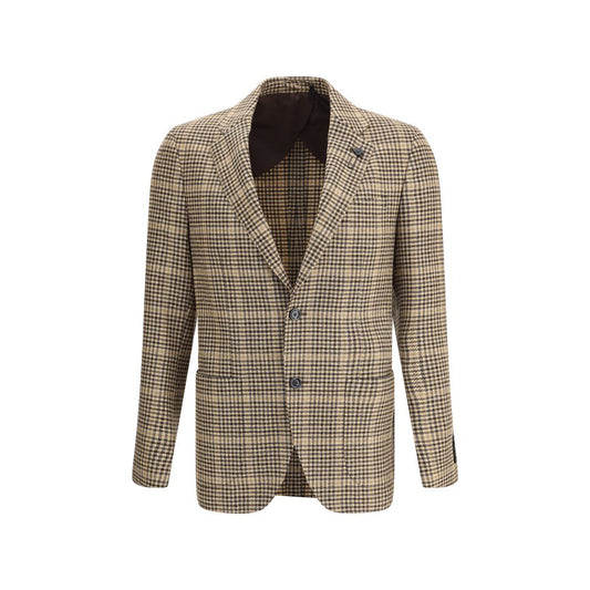 Lardini Beige Wool Clothing houndstooth blazer with brooch on lapel, classic collar, long sleeves, button closure, double back slit.