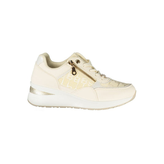 Laura Biagiotti White Polyester Women Sneaker with beige details and side zip on a 5 cm platform, showcasing sporty elegance.