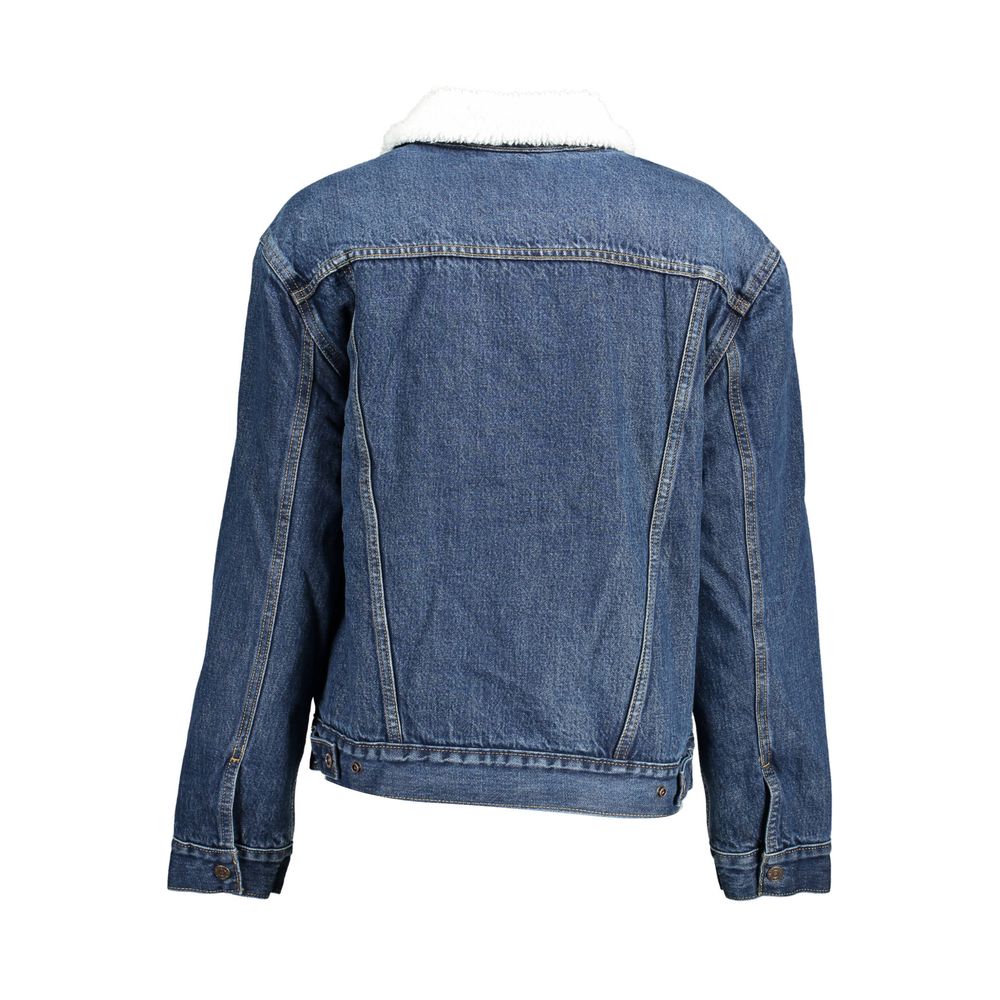 Back view of Levi's Blue Cotton Women Jacket with fur trim and denim design.