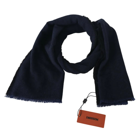 M Missoni Dark Blue Wool Unisex Neck Wrap Fringes Logo Scarf