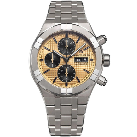 MAURICE LACROIX MOD. AI6038-TT032-530-1 luxury watch with silver strap and chronograph features.