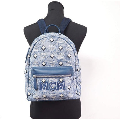 MCM Stark Small Blue Vintage Jacquard Monogram Logo Fabric Backpack Bookbag