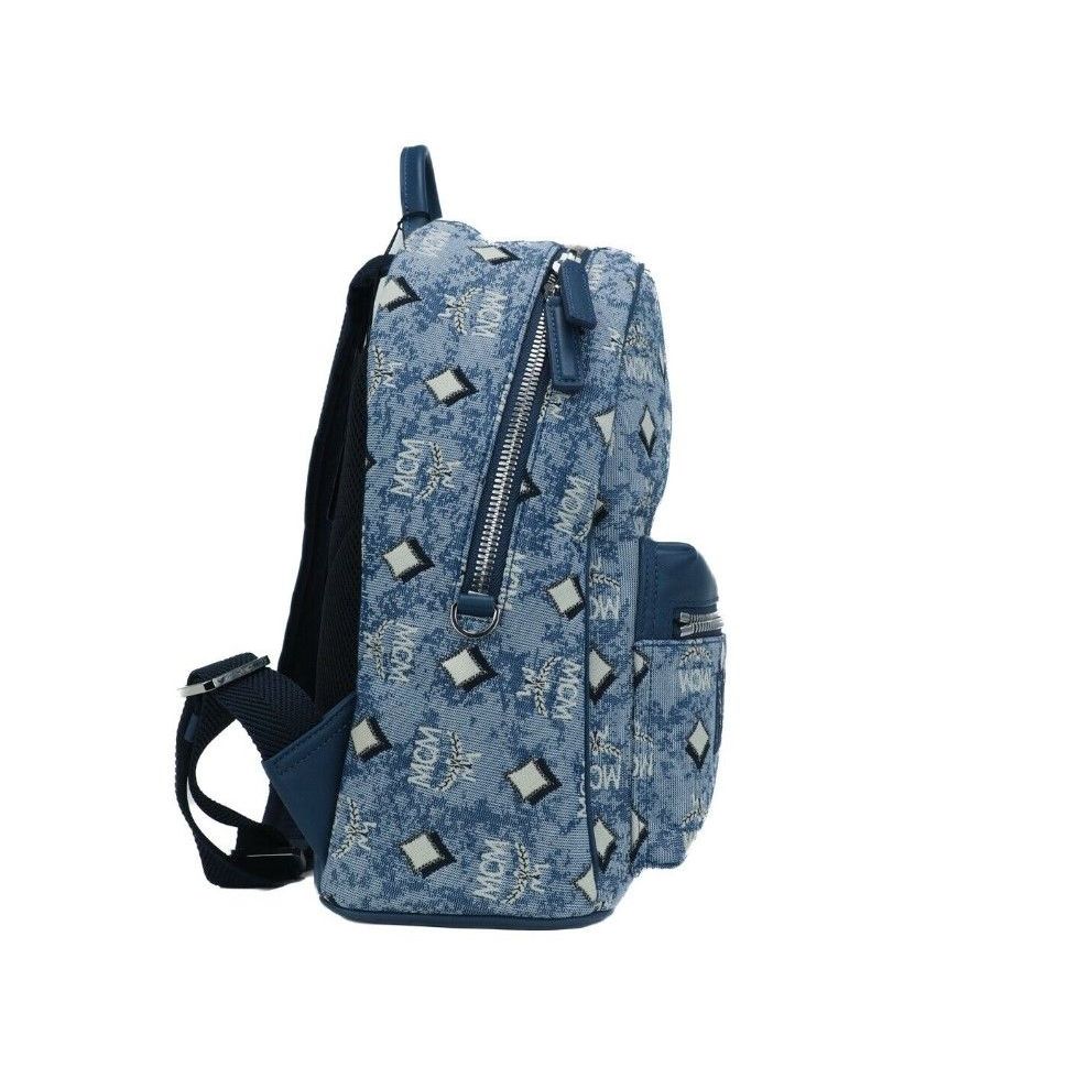 MCM Stark Small Blue Vintage Jacquard Monogram Logo Fabric Backpack Bookbag